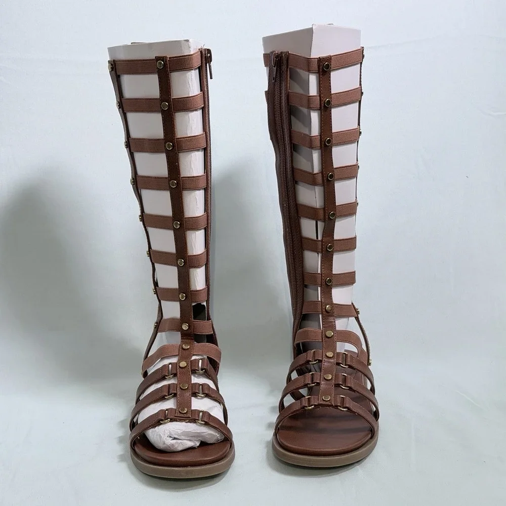 Wild‎ Pair Size-6.5M Romikaa Knee High Gladiator Sandals Brown Faux Leather